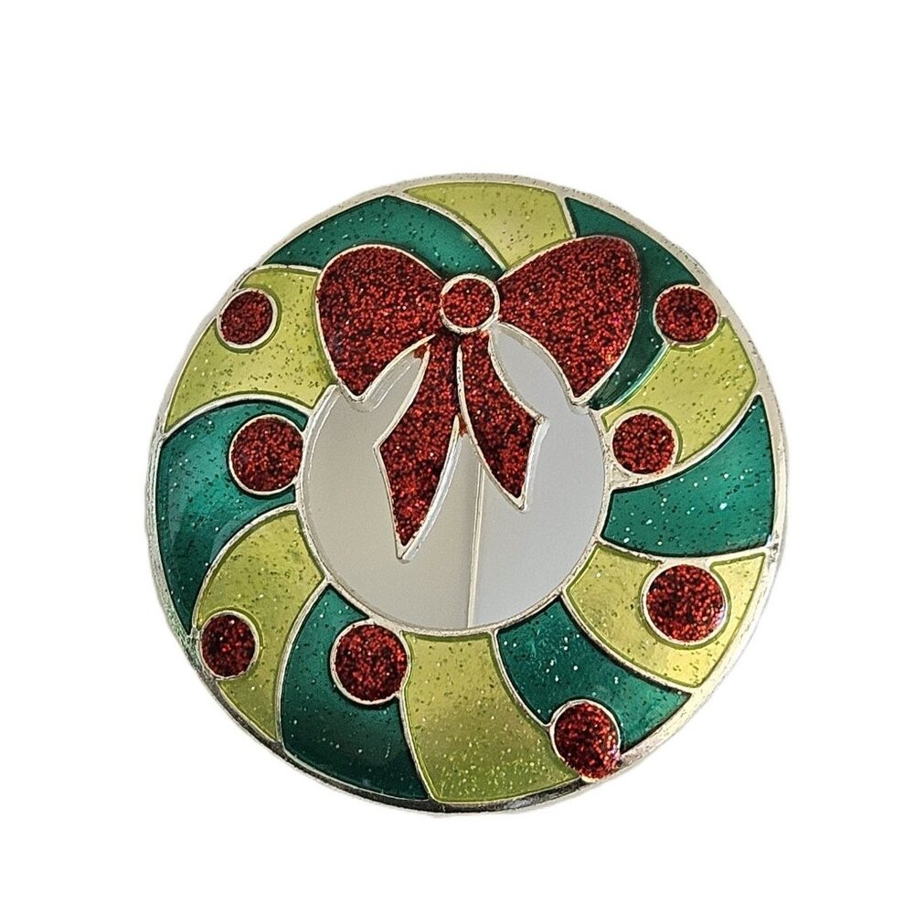 Vintage Christmas Wreath Brooch With Bow and Ornaments